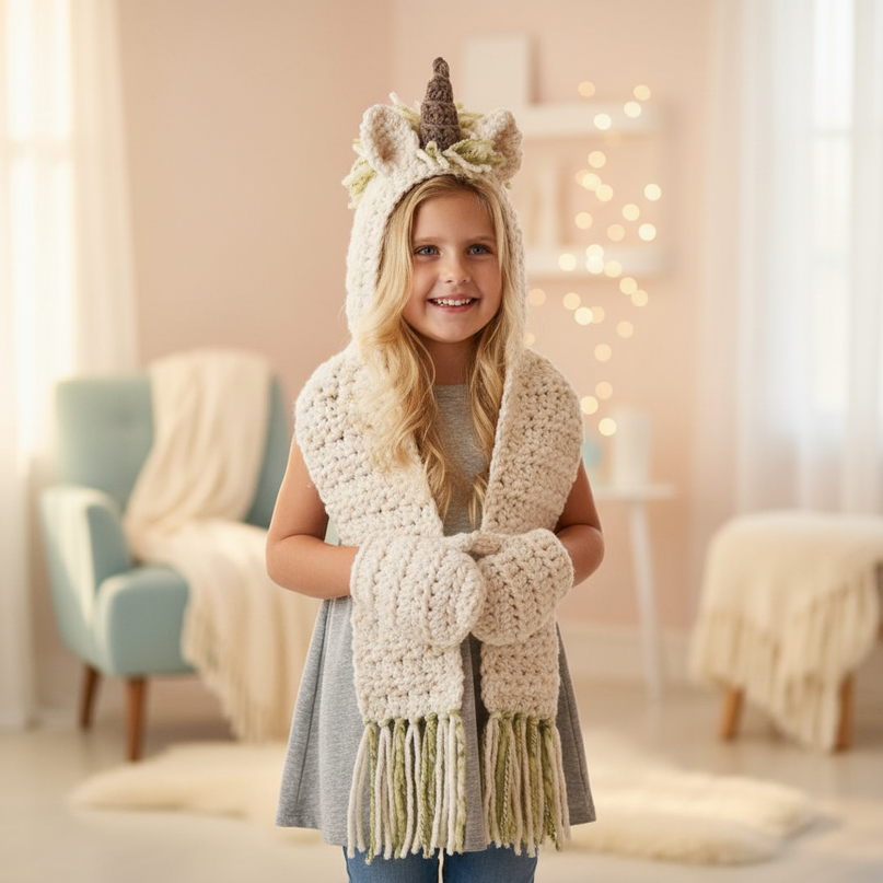unicorn hat with mittens - in-use