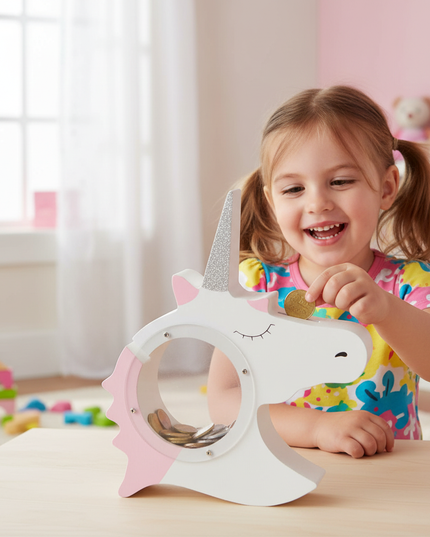 unicorn head piggy bank - in-use