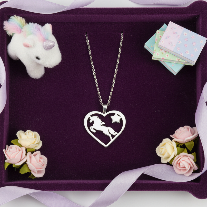 unicorn heart necklace - flat-lay