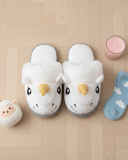 unicorn home slippers - flat-lay