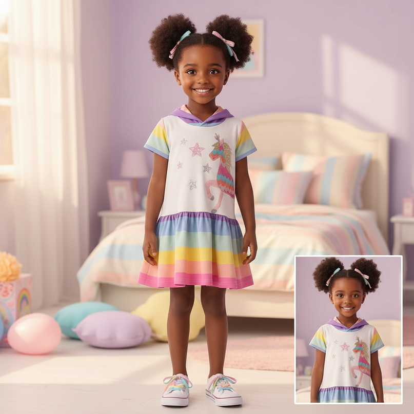 unicorn hooded stripe dress girls - detail