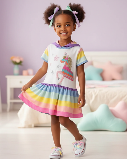unicorn hooded stripe dress girls - front