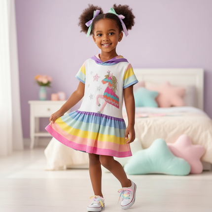 unicorn hooded stripe dress girls - front
