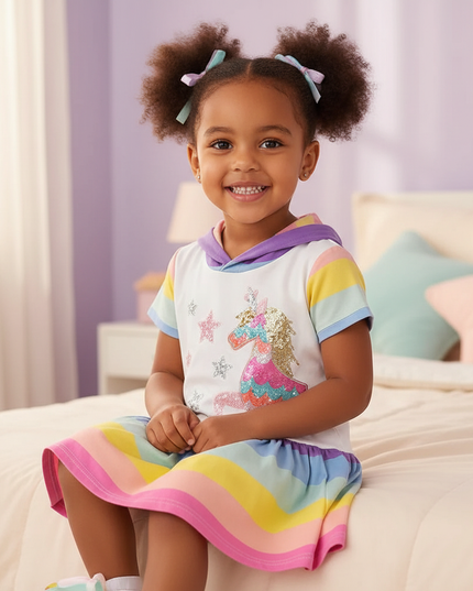unicorn hooded stripe dress girls - sitting