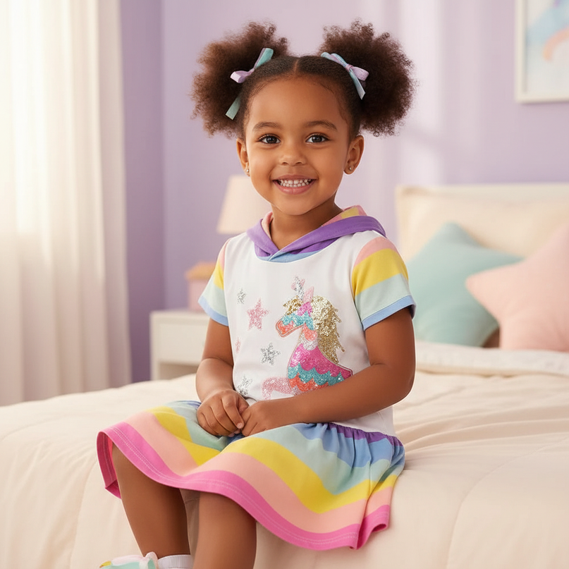 unicorn hooded stripe dress girls - sitting