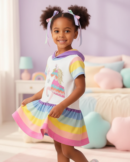 unicorn hooded stripe dress girls - three-quarter