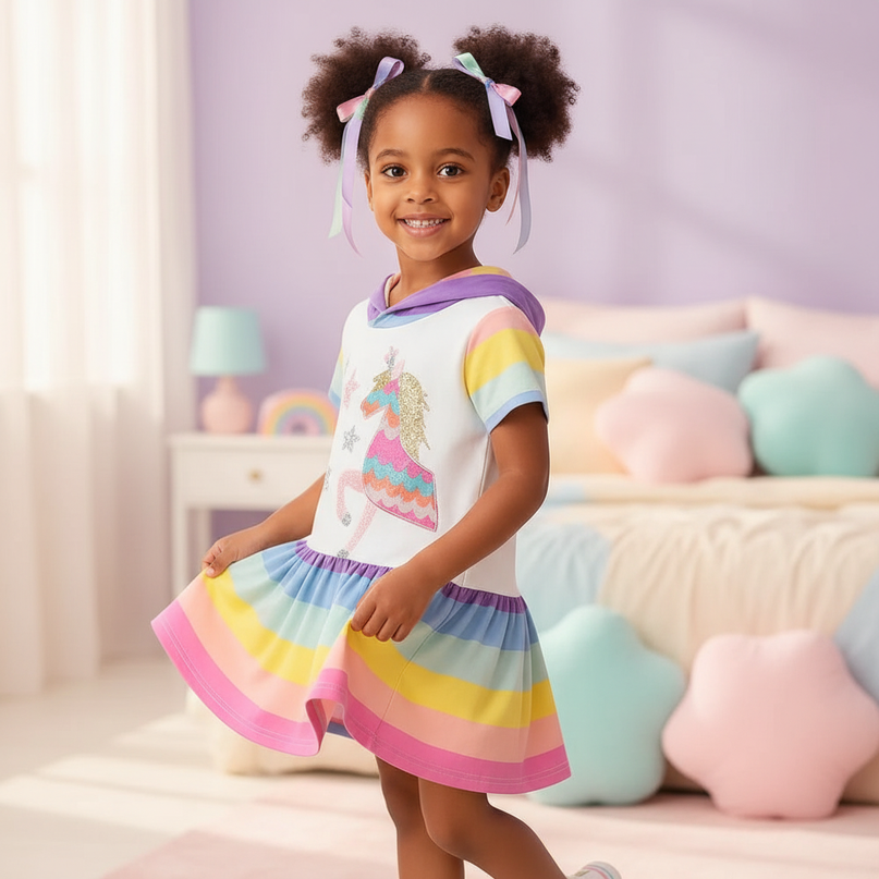 unicorn hooded stripe dress girls - three-quarter