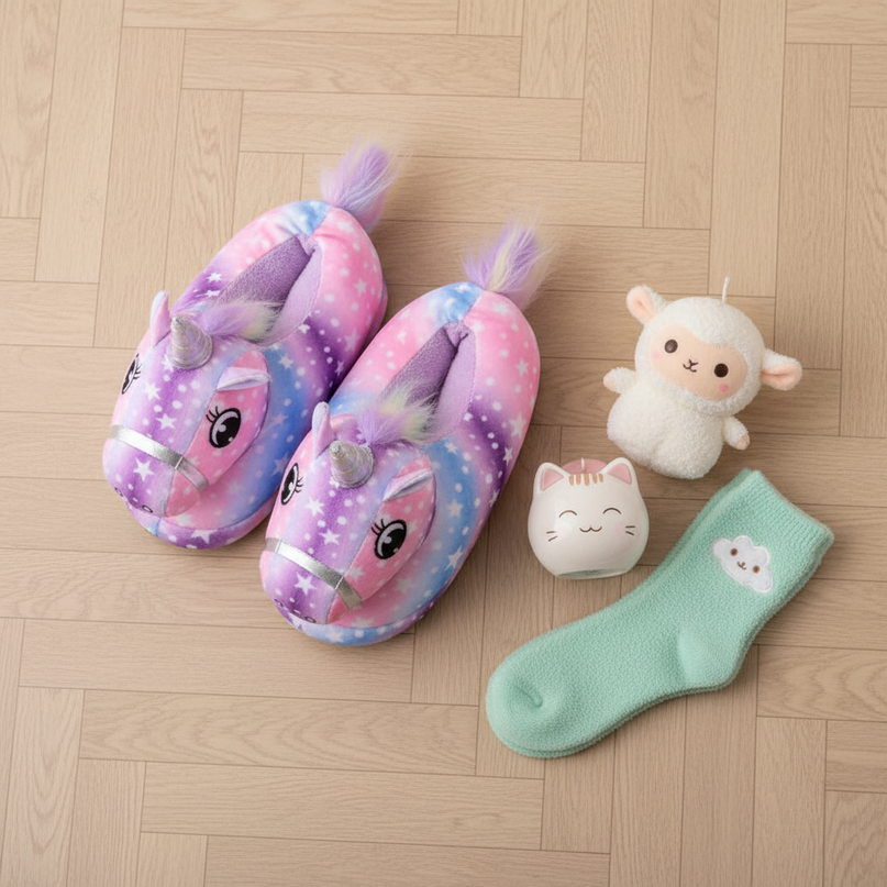 unicorn hoof slippers - flat-lay