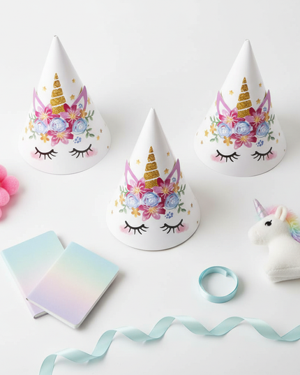 unicorn horn party hats - flat-lay