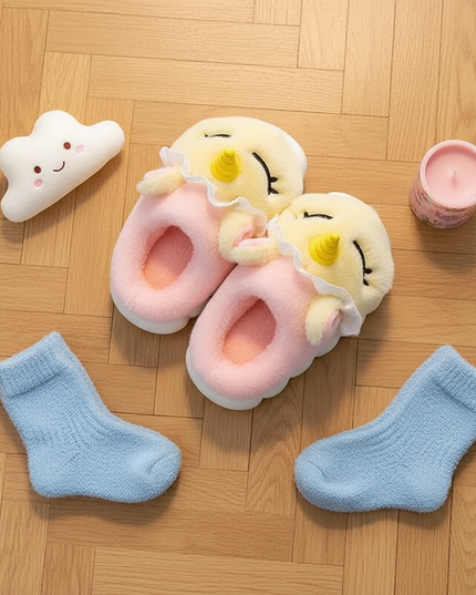 unicorn house slippers - flat-lay