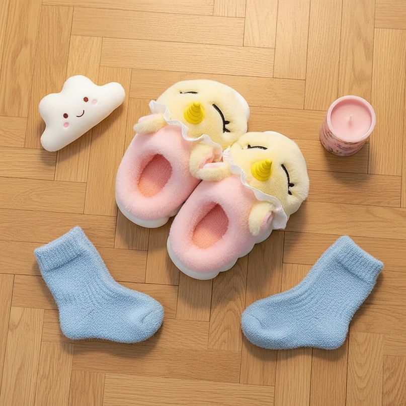 unicorn house slippers - flat-lay