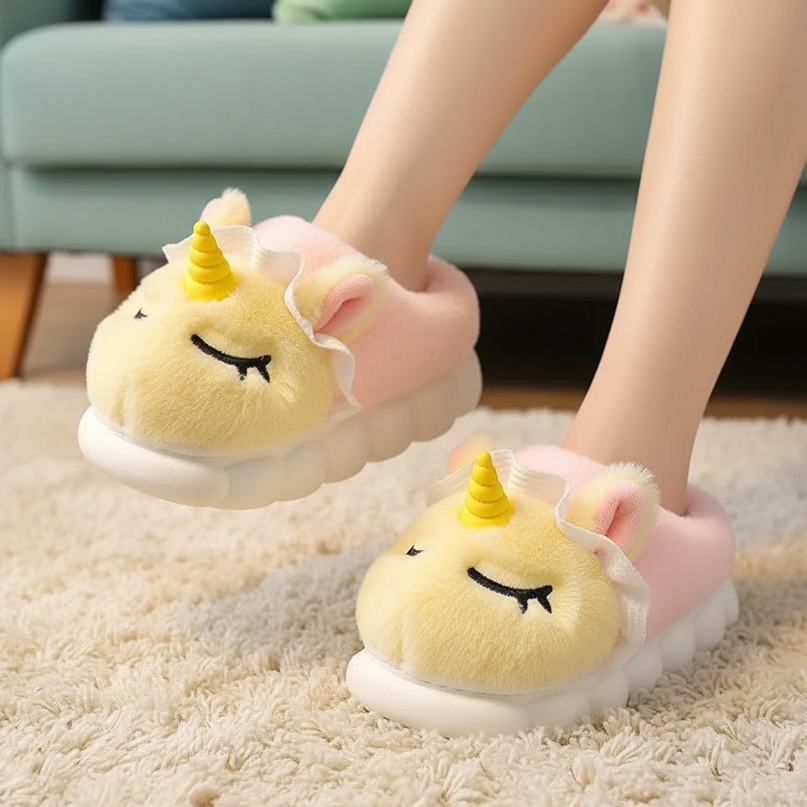 unicorn house slippers - in-use
