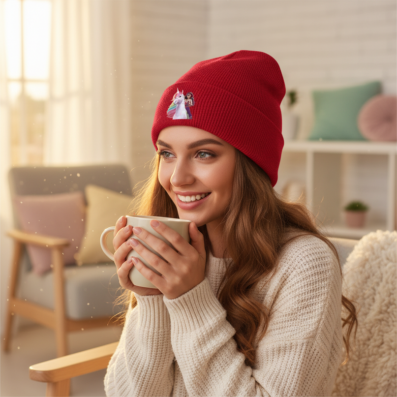 unicorn knit beanie - in-use