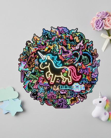 unicorn laptop stickers - flat-lay