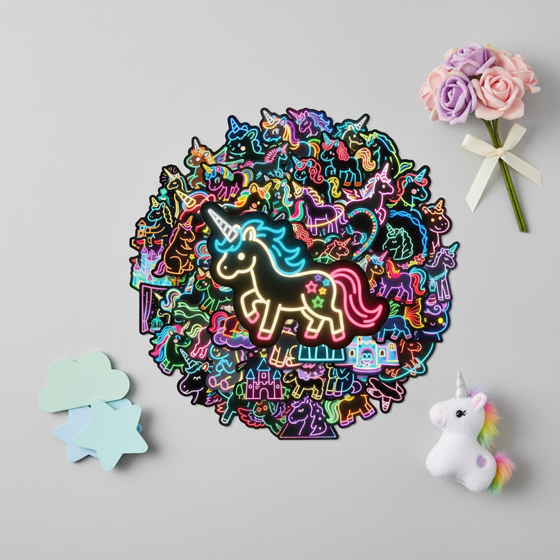 unicorn laptop stickers - flat-lay