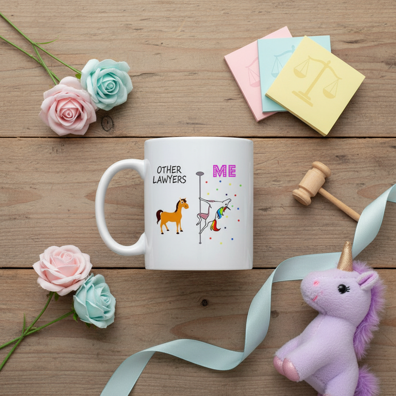 unicorn lawyer mug - flat-lay