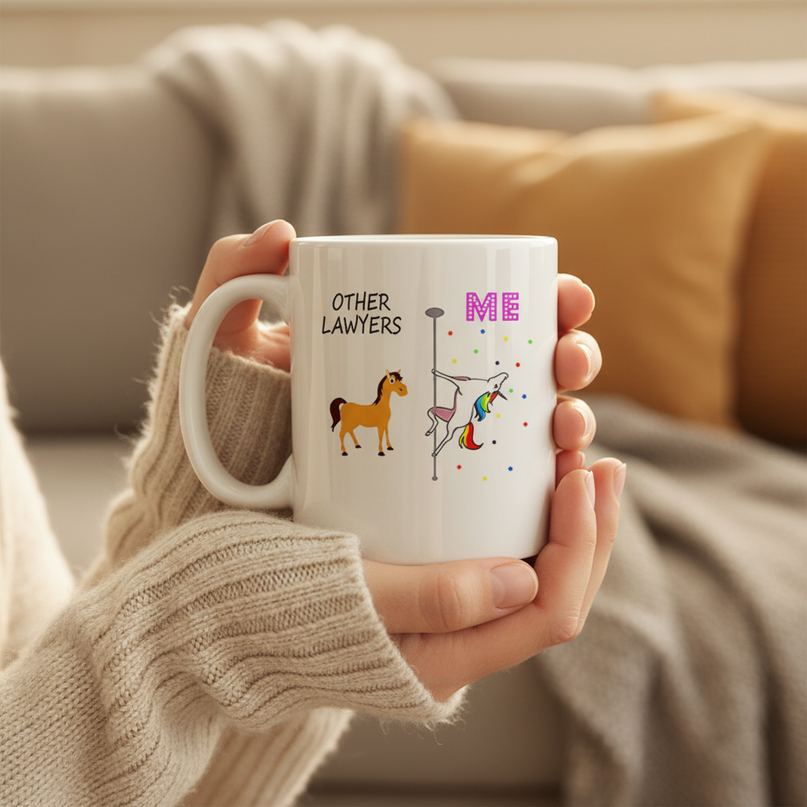 unicorn lawyer mug - in-use