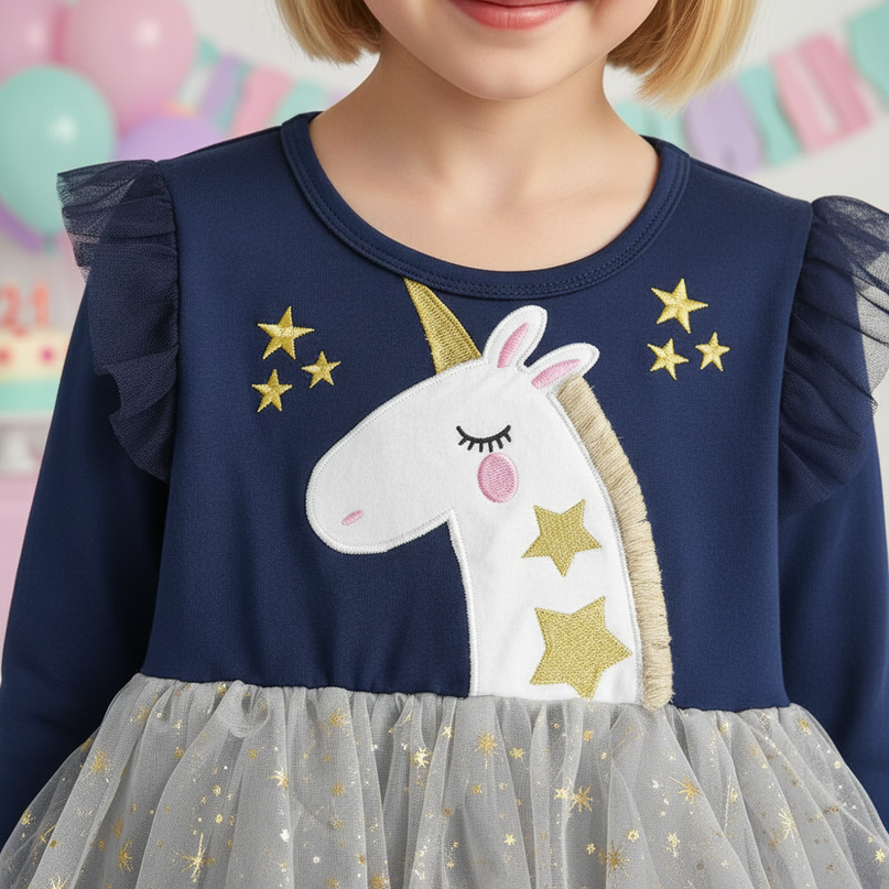 unicorn long sleeve applique dress girls - detail