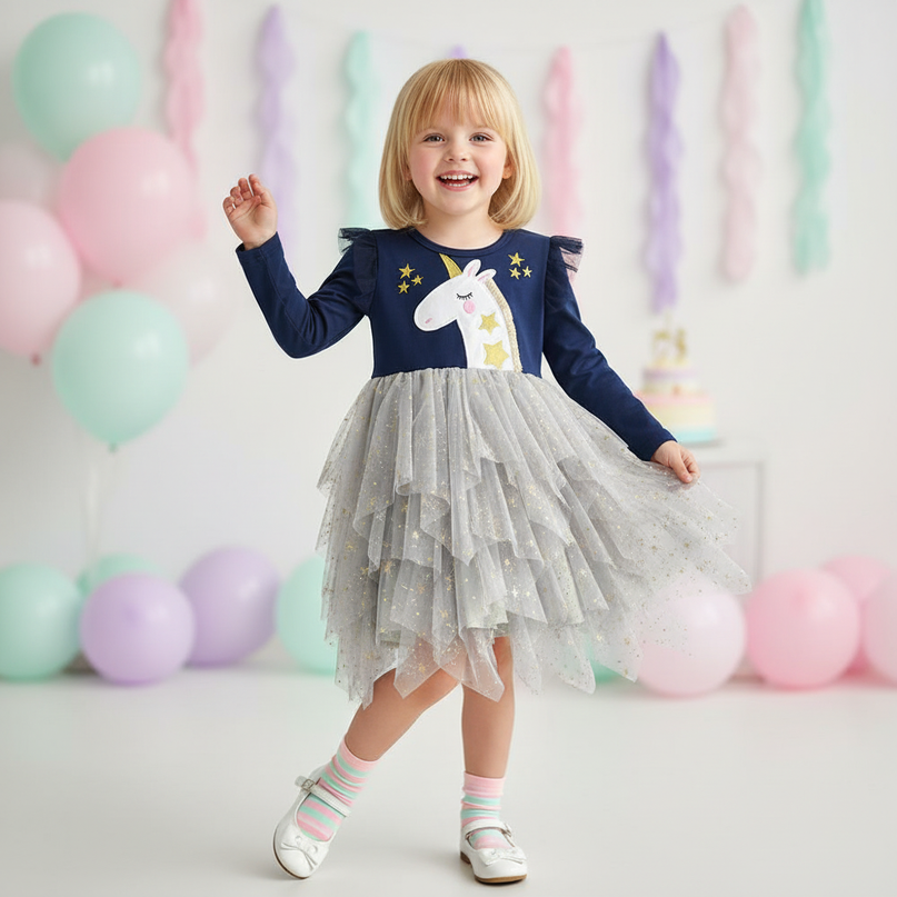 unicorn long sleeve applique dress girls - front