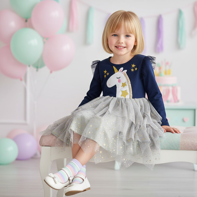 unicorn long sleeve applique dress girls - sitting