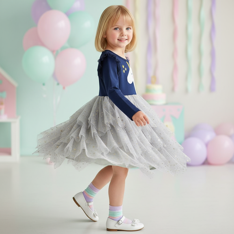 unicorn long sleeve applique dress girls - three-quarter