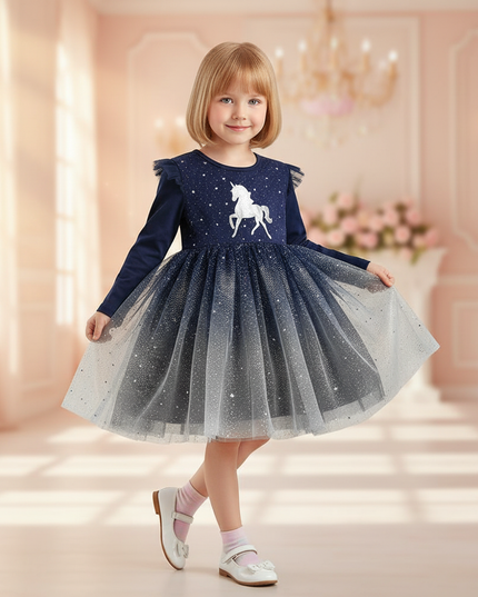 unicorn long sleeve sequin dress girls - front