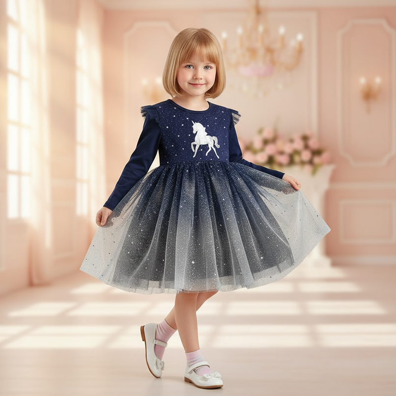 unicorn long sleeve sequin dress girls - front