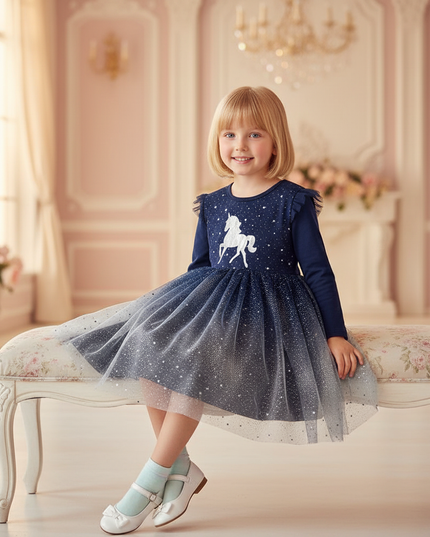 unicorn long sleeve sequin dress girls - sitting