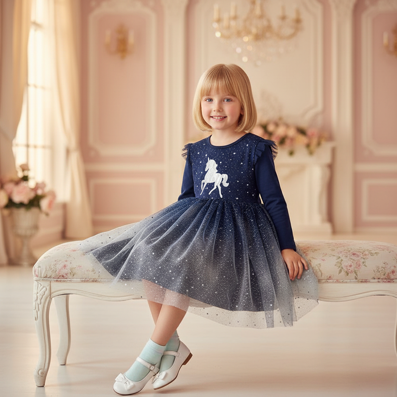 unicorn long sleeve sequin dress girls - sitting