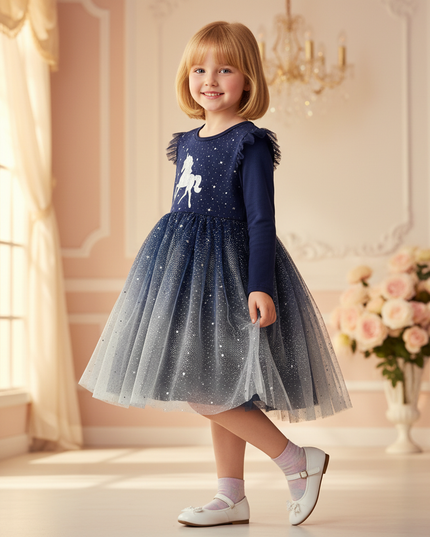 unicorn long sleeve sequin dress girls - three-quarter