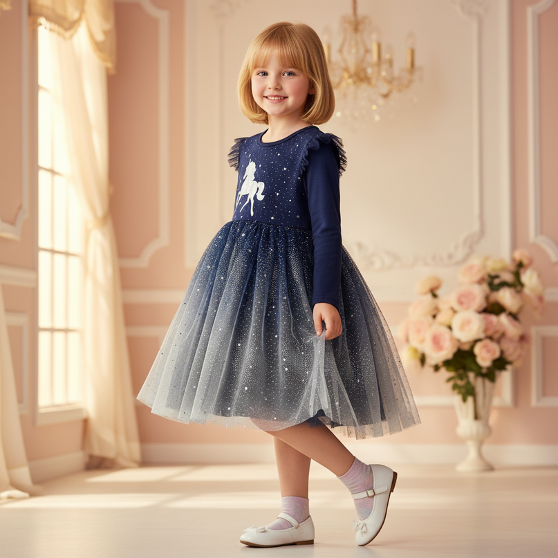 unicorn long sleeve sequin dress girls - three-quarter