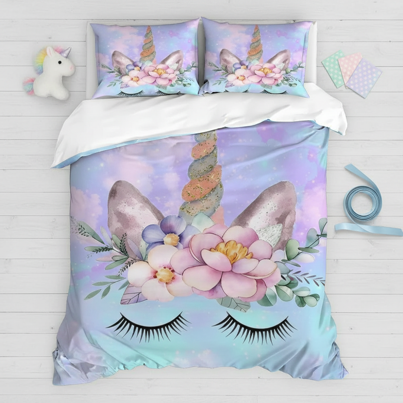 unicorn lotus bedding - flat-lay