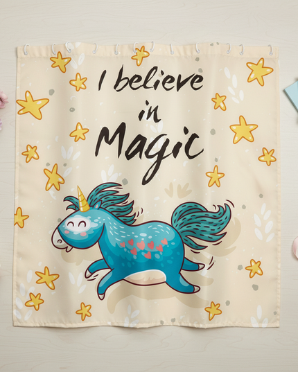 unicorn magic shower curtain - flat-lay