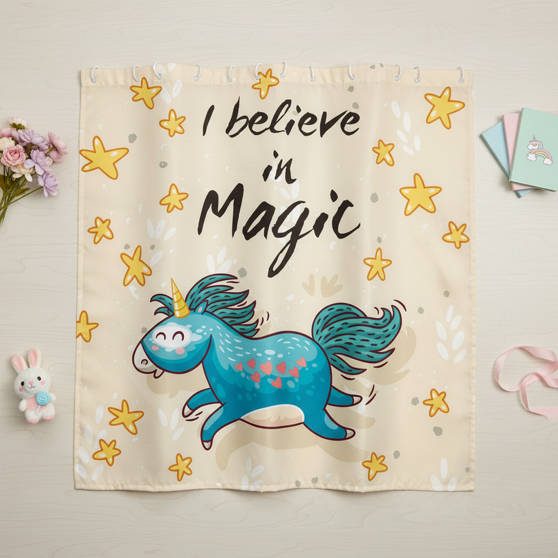 unicorn magic shower curtain - flat-lay