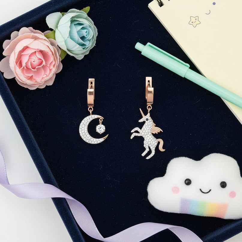 unicorn moon stud earrings - flat-lay