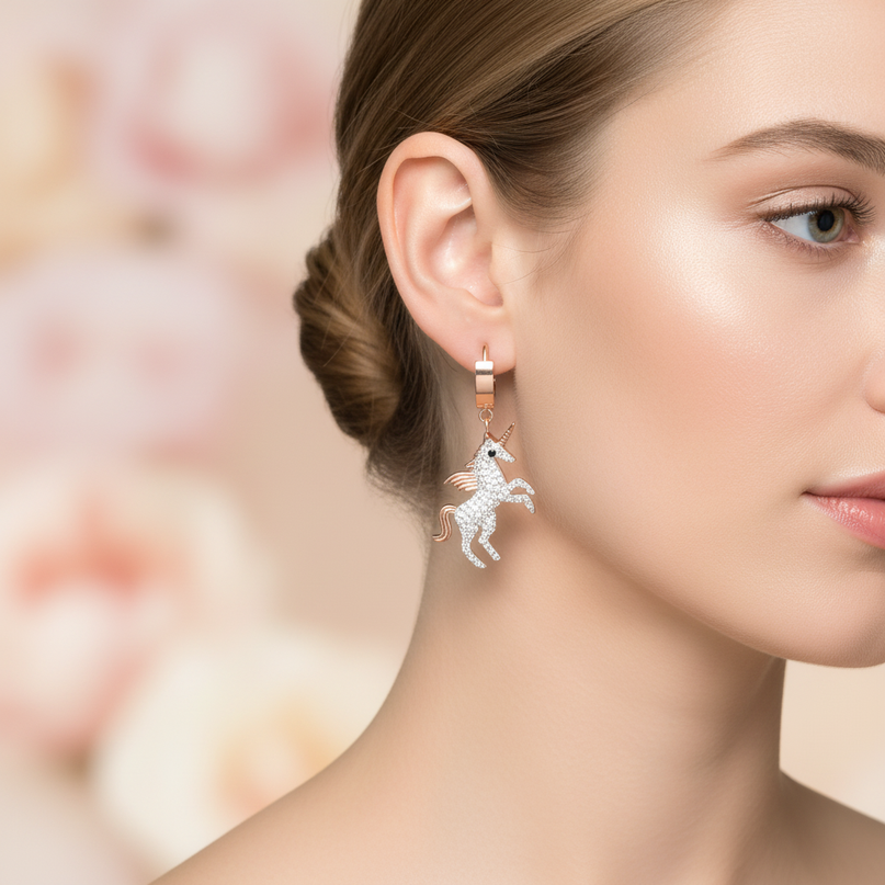 unicorn moon stud earrings - in-use