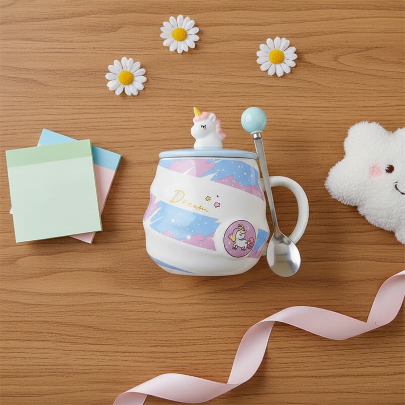unicorn mug with spoon - flat-lay