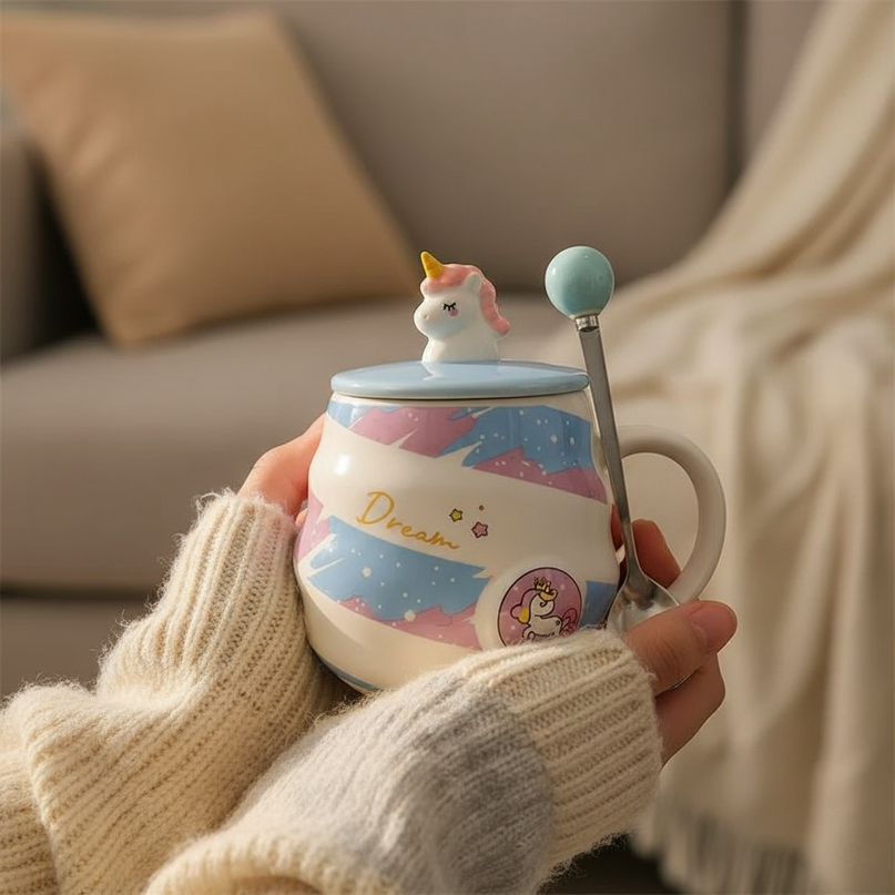 unicorn mug with spoon - in-use