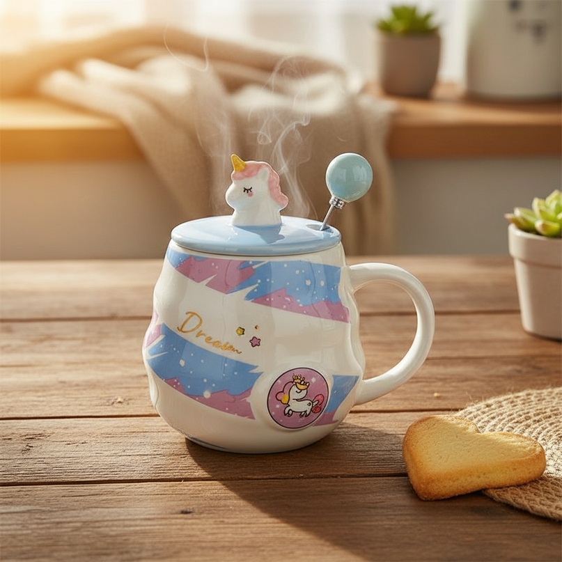 unicorn mug with spoon - lifestyle
