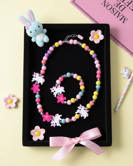 unicorn necklace bracelet set - flat-lay