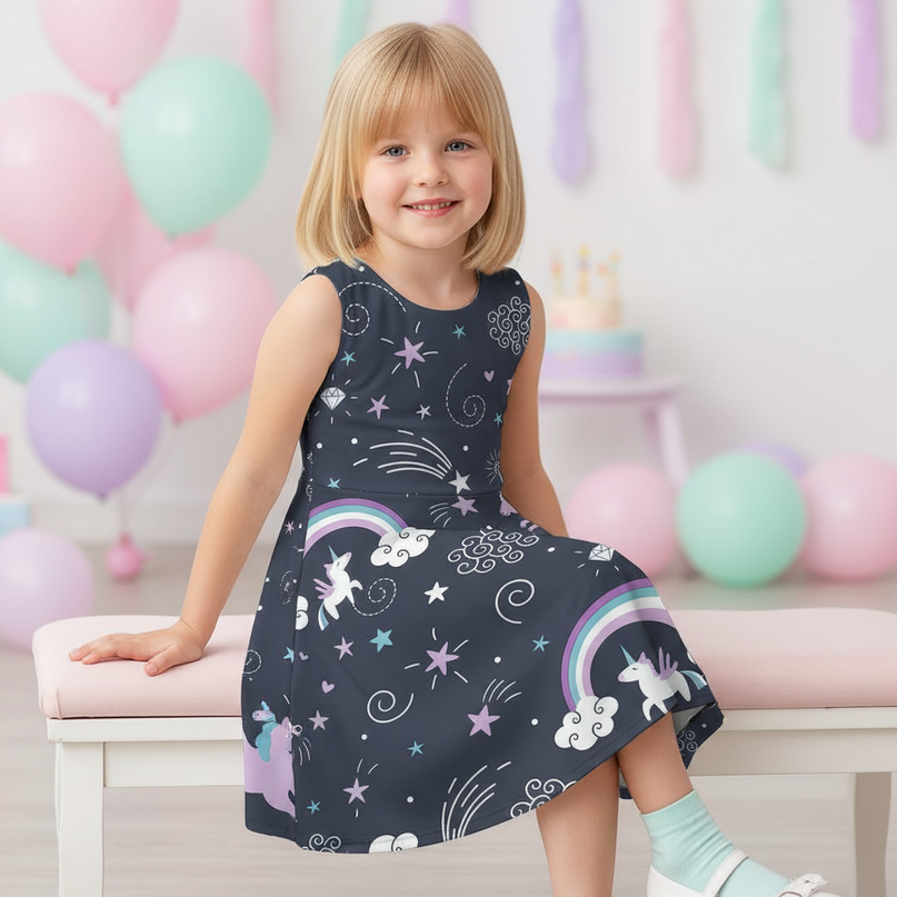 unicorn night sky dress girls - sitting