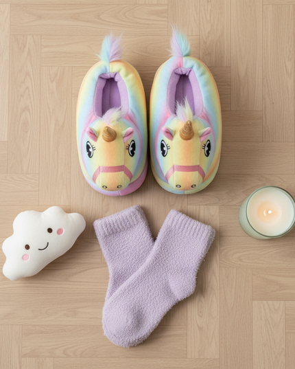 unicorn novelty slippers - flat-lay