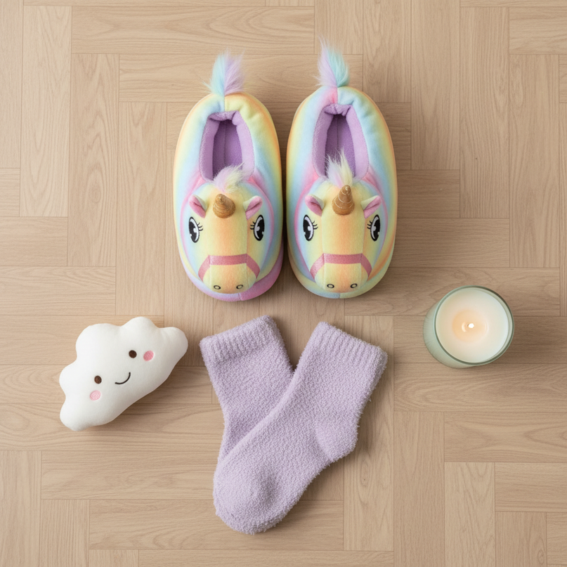 unicorn novelty slippers - flat-lay