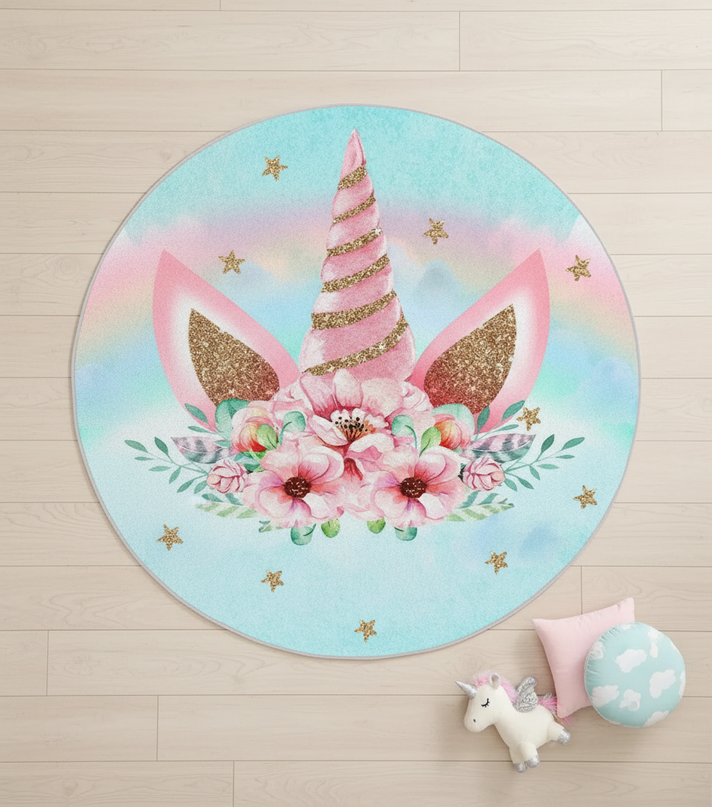 unicorn nursery rug - flat-lay