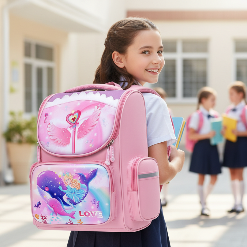 unicorn ocean print school backpack - in-use