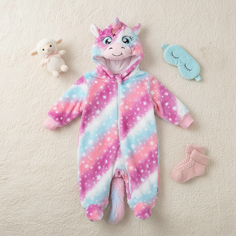 unicorn onesie with feet - flat-lay