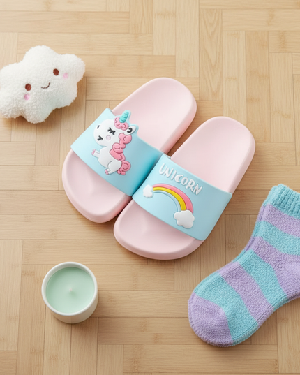 unicorn outdoor slippers - flat-lay