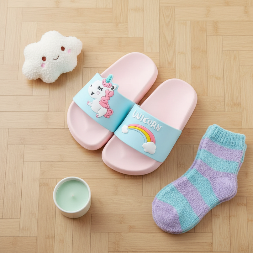 unicorn outdoor slippers - flat-lay