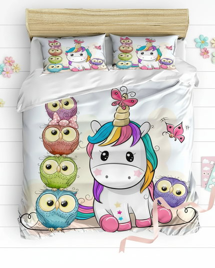 unicorn owl bedding - flat-lay