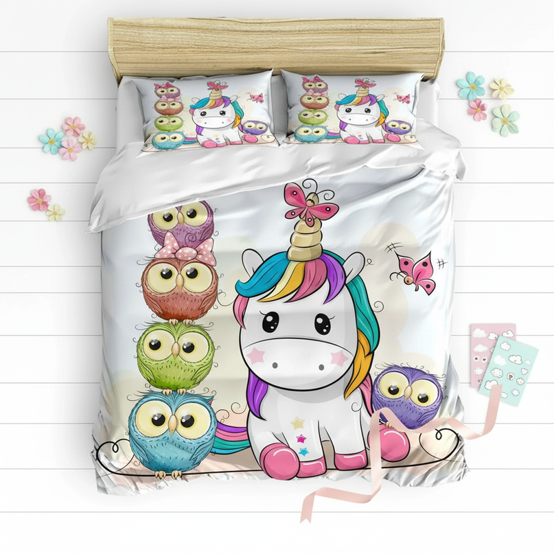 unicorn owl bedding - flat-lay